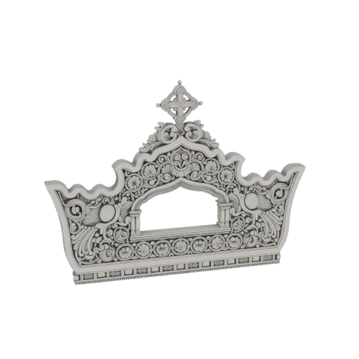 3D model of an ornate, silver-toned Kokoshnik tiara with intricate floral carvings and a central cross.