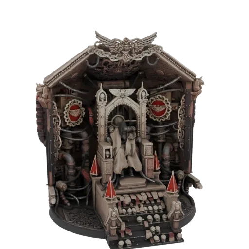 3D-Modell-Render eines detaillierten Imperialen Thron Dioramas mit verzierter Architektur und schädelverzierter Basis.
