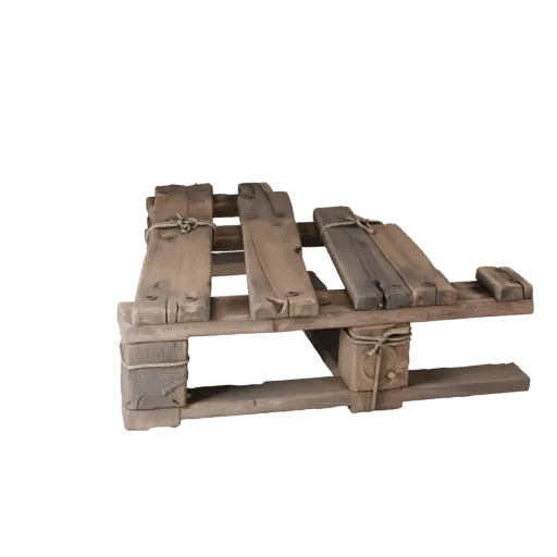 Modello 3D high poly pallet di legno medievale, rendering studio ravvicinato, mostra assi di legno, massa impilabile.