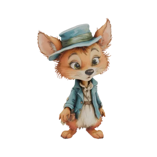3D model of an anthropomorphic fox character dressed as an adventurer, wearing a blue jacket and hat, with large ears and a s