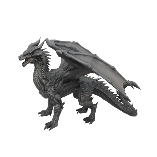 A detailed 3D model of a majestic grey dragon with wings spread, standing on a black background.