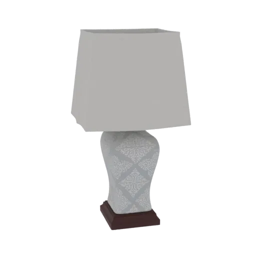 3D model of a table lamp with a white rectangular lampshade and a grey base adorned with a white damask pattern, on a dark wo