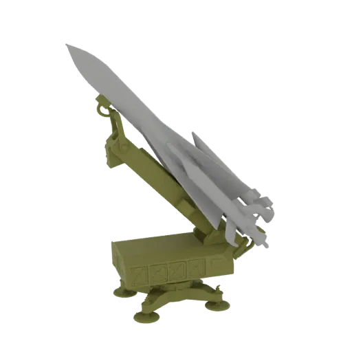 3D model of a military missile launcher with a missile loaded and angled upwards, set against a black background.