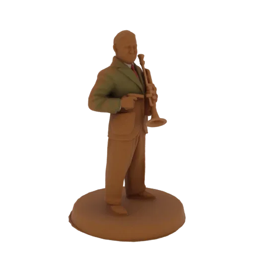3D model of Louis Armstrong, the jazz musician, playing the trumpet, depicted in a stylized, collectible figurine style.