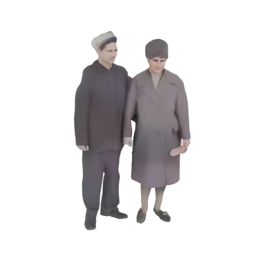 3D model of a man and woman in vintage winter coats, standing together.