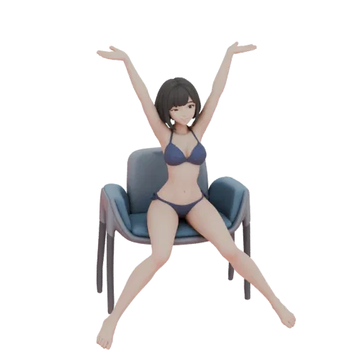 Modello 3D di ragazza in bikini blu seduta su una sedia, con braccia alzate e sorriso.