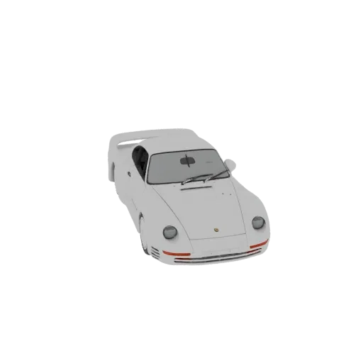 A 3D render of a white Porsche 959 sports car, viewed from a slightly elevated front-left angle against a black background.