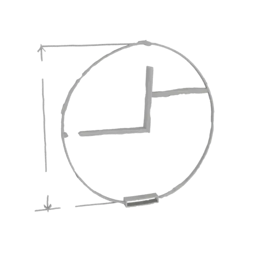 3D model of a hand-drawn clock with dimension lines, showing a sketchy artistic style.