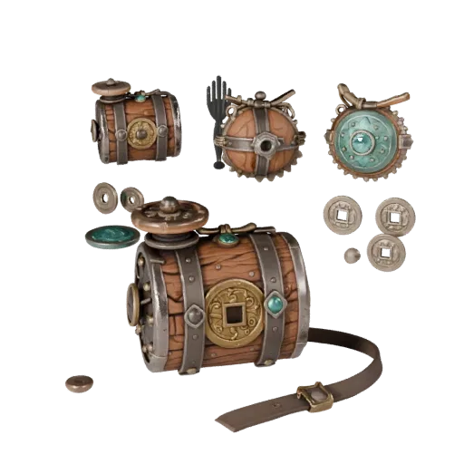 Fantasy Coin Pouch High Poly 3D model, close-up studio render, showing aged wood, clear pickup silhouette.