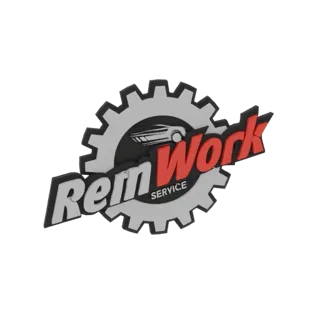 3D render of the ReinWork Service logo, featuring a gear with a car silhouette and bold red and grey text.