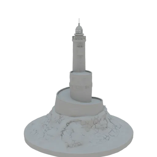 3D model of a white lighthouse with a spiral base, standing on a textured rocky island against a white background.