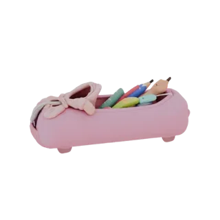 3D model of a pink pointe shoe pencil holder with a bow, filled with colorful pencils