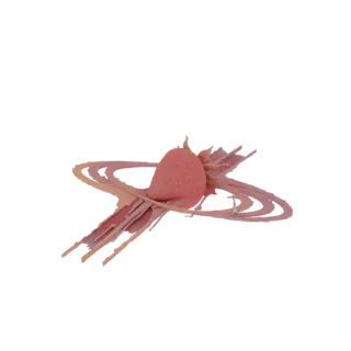 3D-Rendering einer abstrakten Skulptur, die einer Erdbeere mit rosa und pfirsichfarbenen wirbelnden Bändern auf weißem Hinter