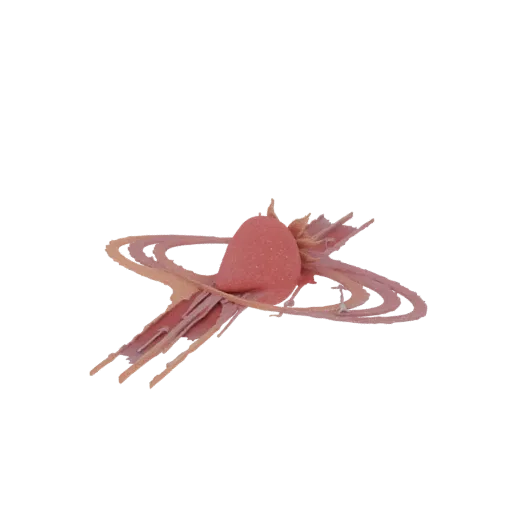 3D render of an abstract sculpture resembling a strawberry with pink and peach swirling ribbons against a white background.