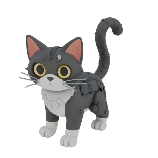 3D model of an articulated grey cat figurine with large yellow eyes, standing in a static pose.