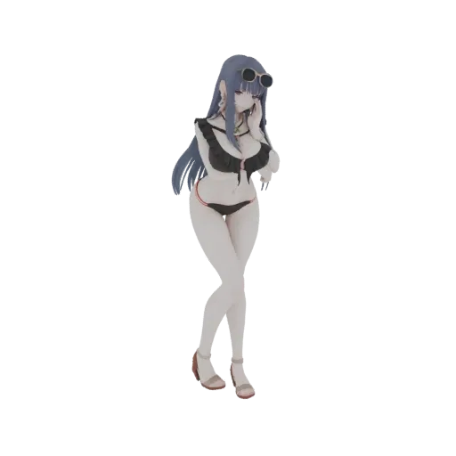 3D model of an anime girl with long dark hair, wearing a black bikini and sunglasses, standing in a relaxed pose.