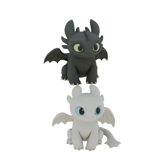 3D model of two baby dragons, a black Toothless and a white Light Fury, sitting side-by-side against a white background.