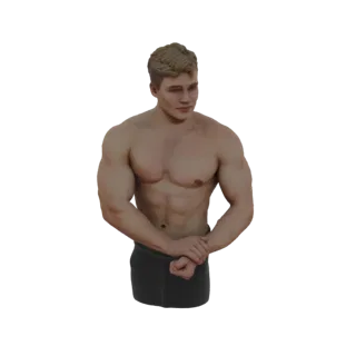 Modèle 3D d'un homme musclé aux cheveux blonds, fléchissant ses bras et montrant sa musculature, sur fond blanc.