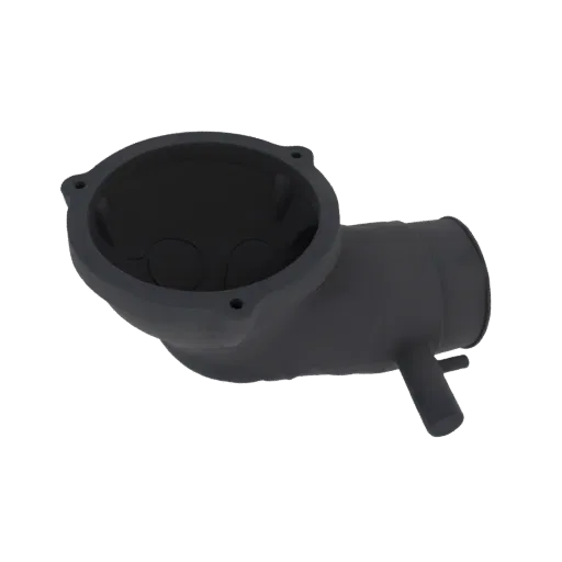 3D render of a dark gray industrial electrical junction box with a circular opening and a side conduit outlet, set against a