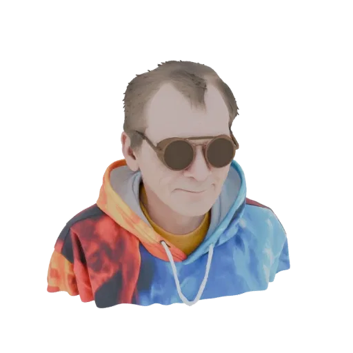 3D model render of a stylized man wearing round goggles and a colorful tie-dye hoodie, with a black background.