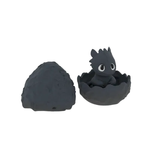 3D-Modell eines süßen Baby Nachtschatten Drachen mit großen Augen, der aus einer zerbrochenen Eierschale schlüpft, mit einem