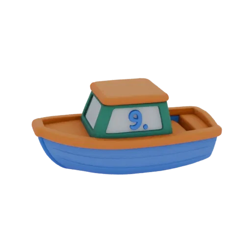 3D model of a cartoon boat with an orange hull, blue bottom, and a green cabin with the number 9.