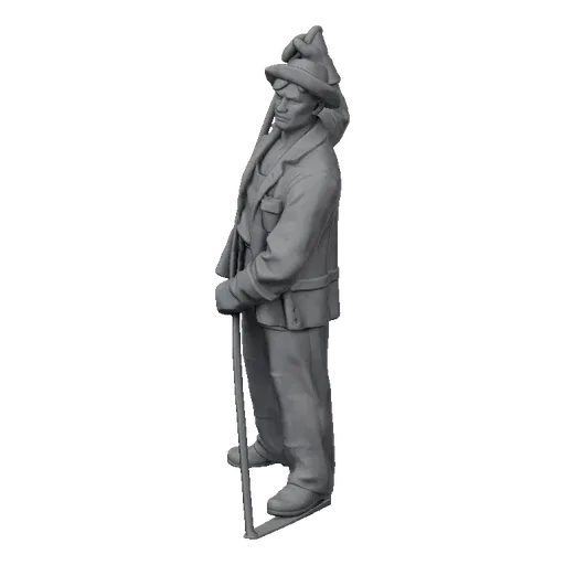 3D model of a farmer standing with a hoe and a bundle over his shoulder, depicted in a neutral gray material.