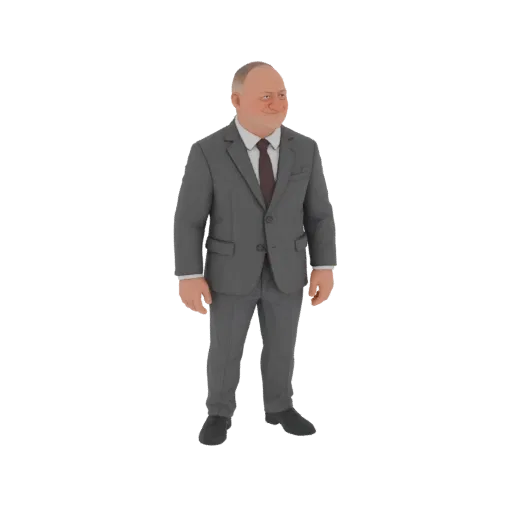 3D model of a bald man in a gray suit and tie, standing with his hands at his sides, looking to the right.