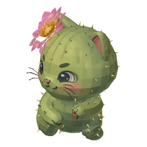 A 3D render of a cute, green cactus cat character with small spikes, large eyes, and a pink and yellow flower crown on its he