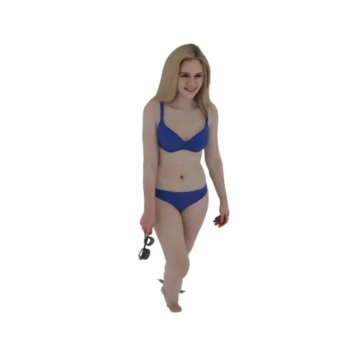Modelo 3D mujer rubia en bikini azul, sonriendo y con gafas de sol, posada caminando.