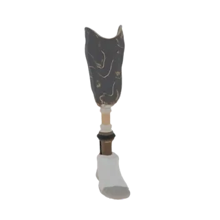 3D model of a prosthetic leg with a dark casing featuring a swirling gold pattern, against a black background.