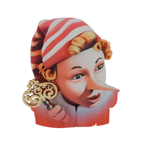 Modello 3D del personaggio Pinocchio con naso lungo, berretto a righe e chiave dorata.