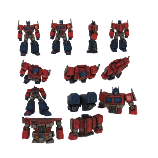 Une collection de rendus 3D présentant le robot Optimus Prime sous différents angles et poses sur un fond blanc.
