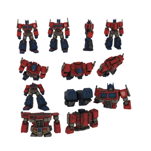 Une collection de rendus 3D présentant le robot Optimus Prime sous différents angles et poses sur un fond blanc.