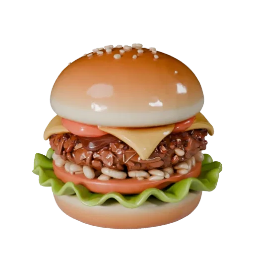 Restaurant Burger Meal High Poly 3D-Modell, Nahaufnahme Studio-Rendering, zeigt Saucen, angerichtete Komposition.