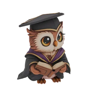 3D model of a cute owl wearing a graduation cap and gown, holding an open book, with large expressive eyes.