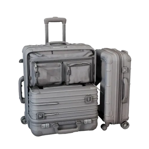 Utility Travel Suitcase 3D model, three-quarter front view, Unreal Engine viewport, showing plastic, usable openings.