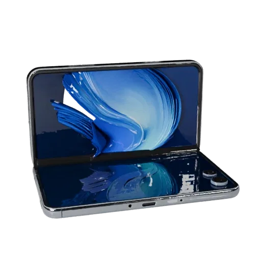 Foldable Gaming Phone Realistic 3D model, three-quarter studio render, showing glass screens, thin device proportions.