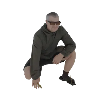 3D model of a man crouching, wearing a dark hoodie, black shorts, and sunglasses, with one hand reaching towards the ground.