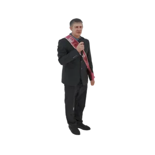 3D model of a man in a dark suit wearing a red and white sash, holding a microphone and speaking.