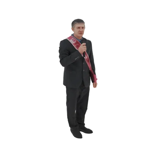 3D model of a man in a dark suit wearing a red and white sash, holding a microphone and speaking.