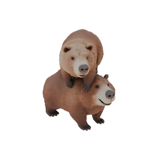 3D model of a cartoon brown bear standing on hind legs with a smiling capybara on its back, both looking forward.