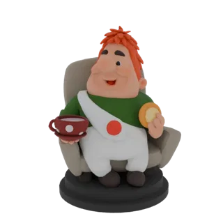 3D model of a cheerful, chubby man with red hair sitting in an armchair, holding a cup of tea and a biscuit.