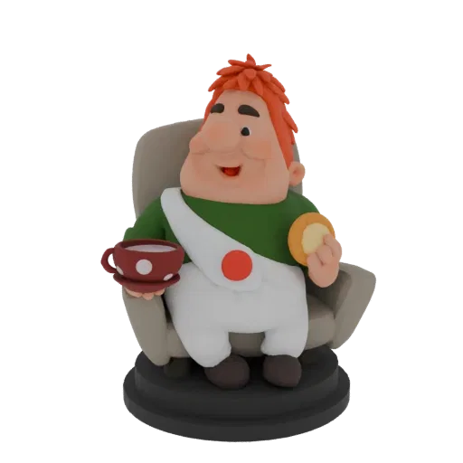 3D-Modell eines fröhlichen, molligen Mannes mit roten Haaren im Sessel, der eine Tasse Tee und einen Keks hält.