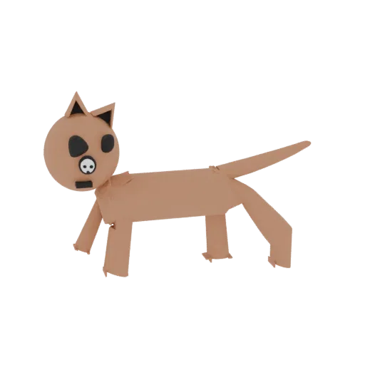 3D render of a light brown origami cat with black eyes and a skull detail on its face, standing on four legs with its tail ex