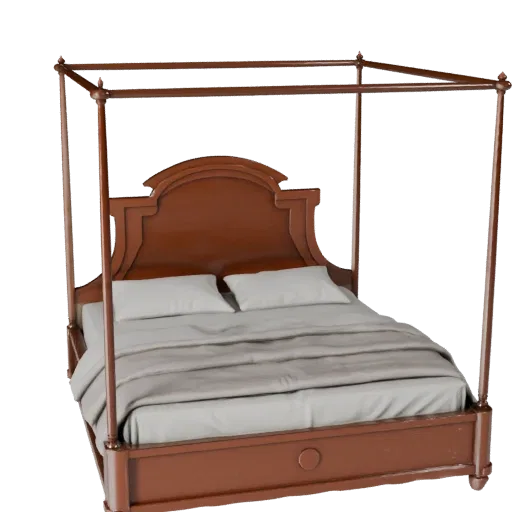 Canopy Queen Bed render detail 3D model, close-up hero shot, with clean topology and PBR shading on the bed.