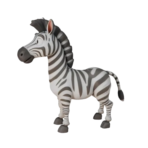 Modelo 3D de Zebra Cartoon, render de vida selvagem em vista lateral, asset de animal estilizado com afunilamento do focinho,