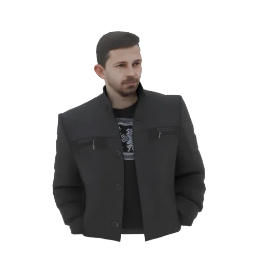 Modello 3D uomo capelli scuri corti barba, giacca nera mani in tasca.