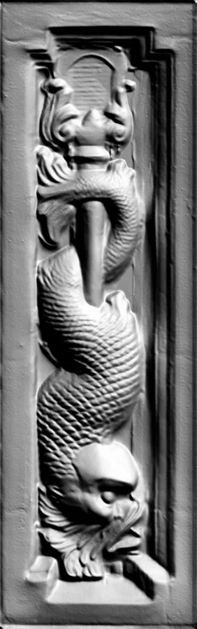 3D model of Triton relief with sword, depicting the sea god with fish tails and fins, holding a sword.