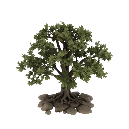 3D model of an old oak tree with a dense green crown and a strong root system entwined with rocks at the base